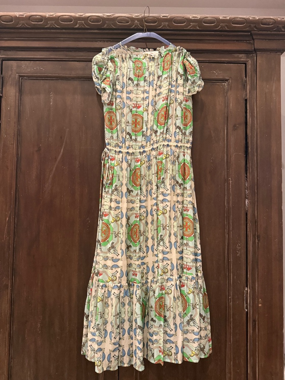 Tory Burch Cream Maxi Dress with Green & Orange Medallion Print